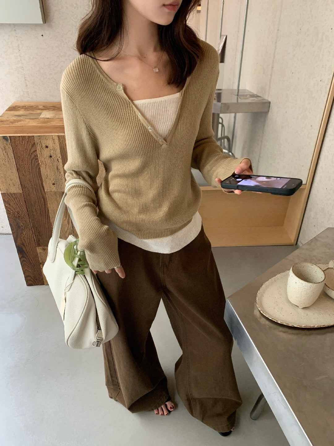 Nora Button V-Neck Knit Top
