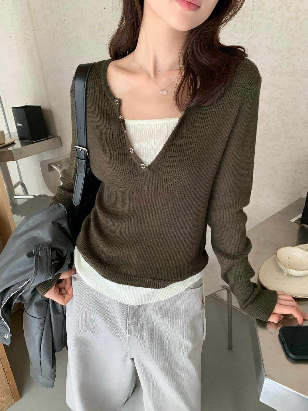 Nora Button V-Neck Knit Top