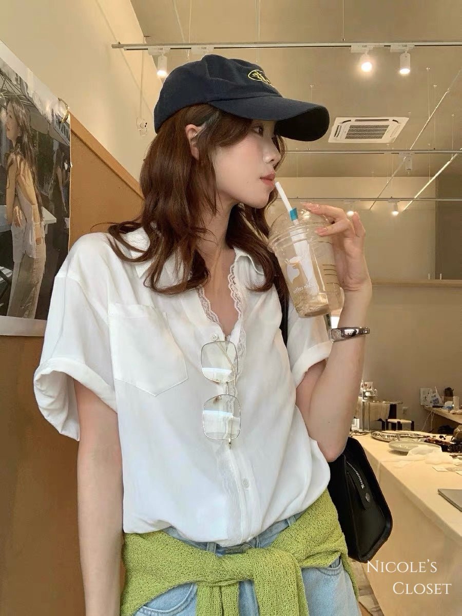 Lace Trim Short Sleeve Shirt