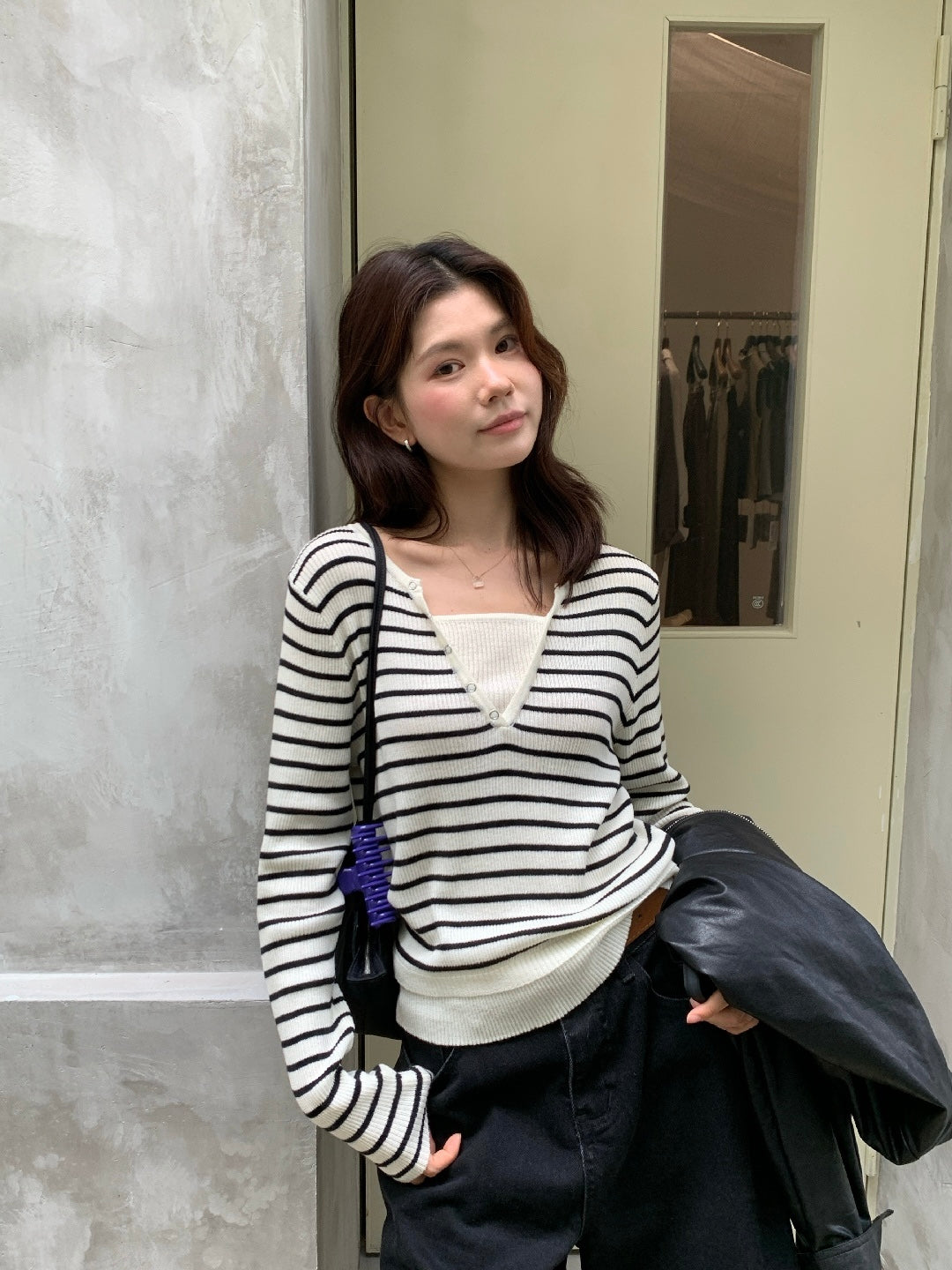 Nora Button V-Neck Knit Top